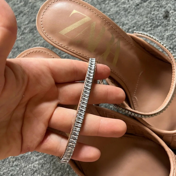 ZARA Nude Woven Mule Pointed Toe Rhinestone Strap Mule Size 39 - Picture 10 of 12